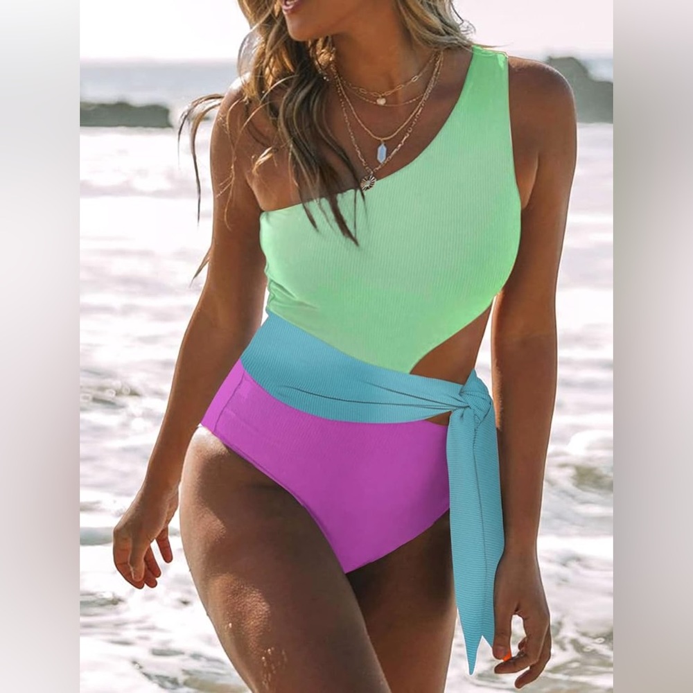 Ribbed Cutout Colour-Block Monokini